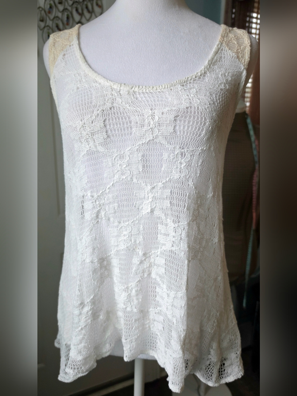 Deletta X Anthropologie Crochet Lace Swing Tank Womens XS Cream Delicate Feminin